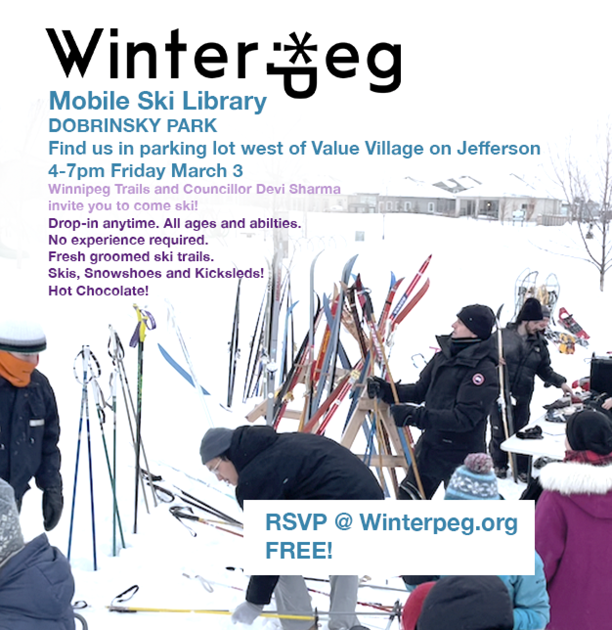 Poster showing all the details of the event and some people getting skis