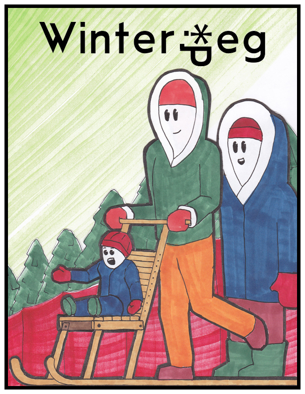 Winterpeg logo at top of image. Picture is of a snow person in a green jacket and orange pants pushing a kicksled with a small snow person child on the seat. There is another snow person with a blue coat and red pants standing behind them. They are in front of a red snow fence and a row of pine trees.