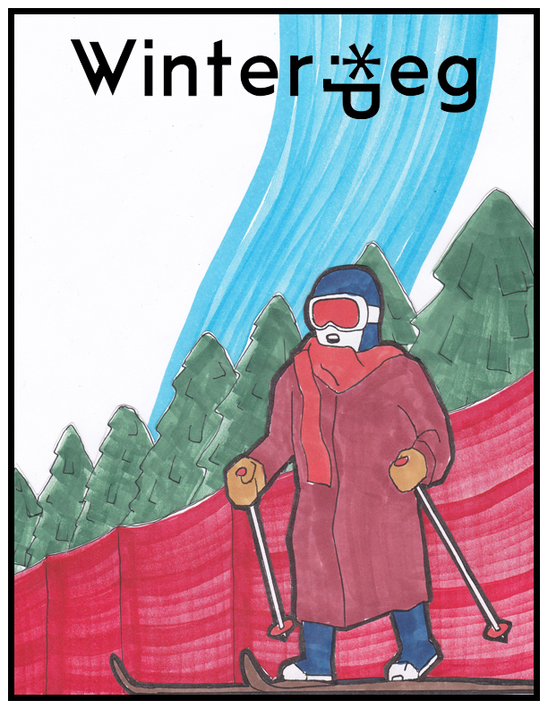 Winterpeg logo at top of image. Picture is of a snow person wearing a red coat and ski goggles. They are cross-country skiing with a red snow fence and a row of pine trees behind them.