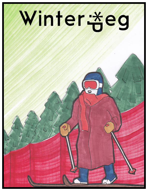 Winterpeg logo at top of image. Picture is of a snow person wearing a red coat and ski goggles. They are cross-country skiing with a red snow fence and a row of pine trees behind them.
