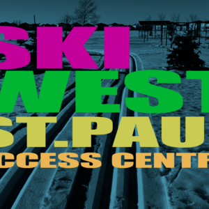 The words ski west st paul in front of a black and blue monochrome image of the site