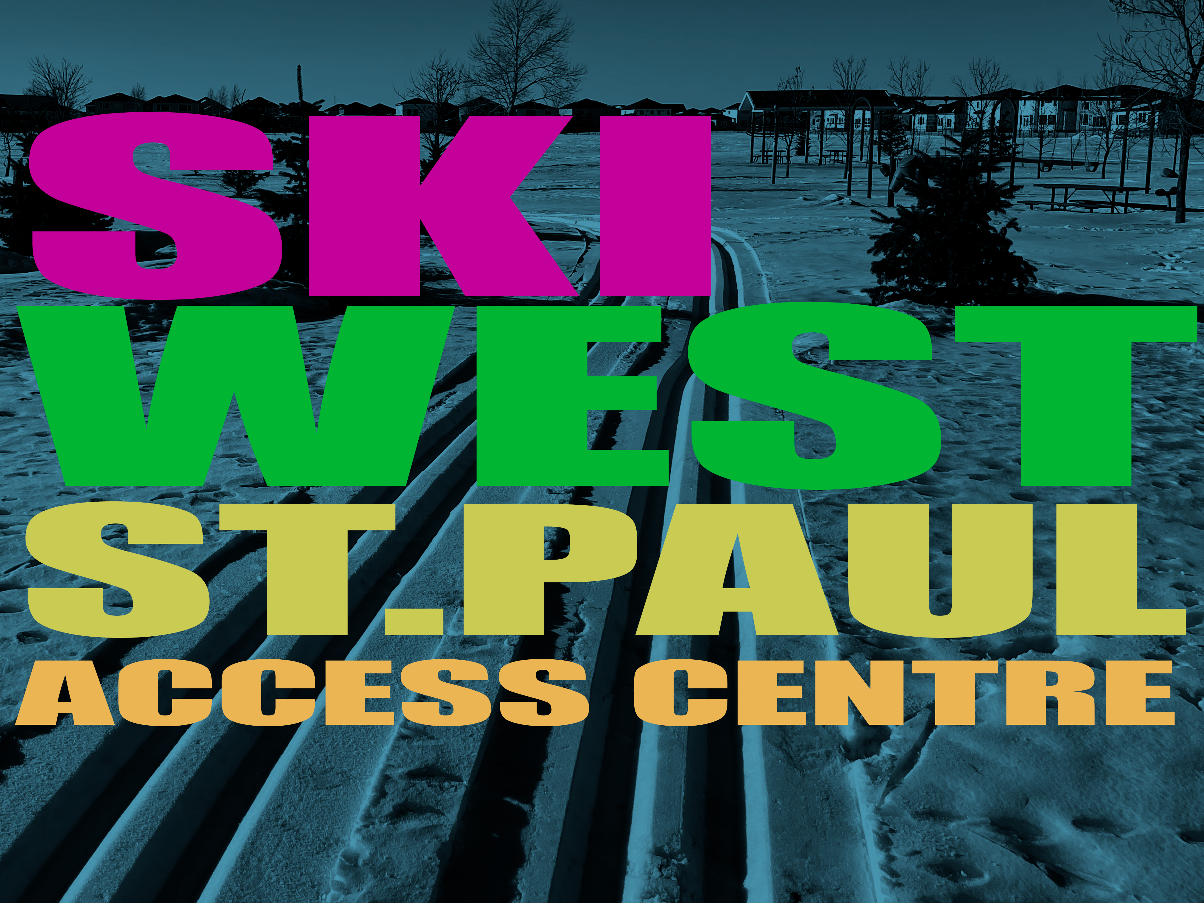 The words ski west st paul in front of a black and blue monochrome image of the site