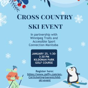 Ski poster with a friendly looking penguin and some stylizes leaves. Contains the event information shjown on this same page.