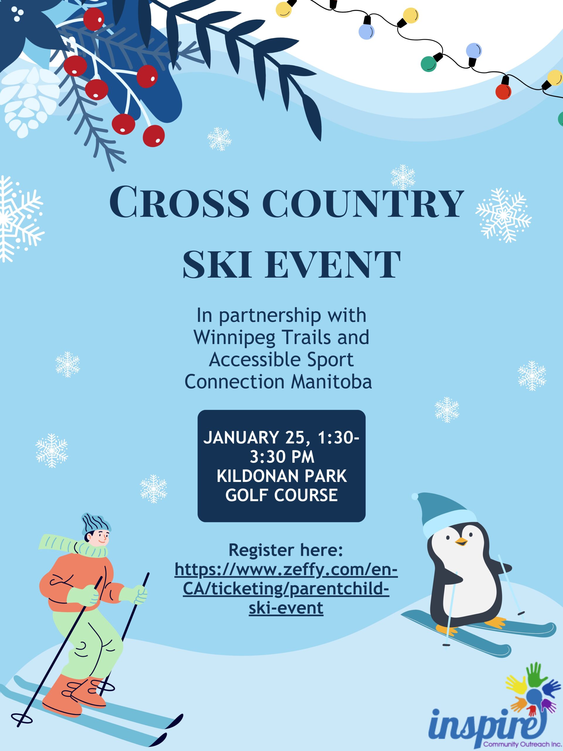 Ski poster with a friendly looking penguin and some stylizes leaves. Contains the event information shjown on this same page.