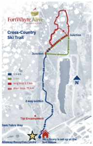 map of ski trails at Fort Whyte showing the starting point of the event which is the sod house.
