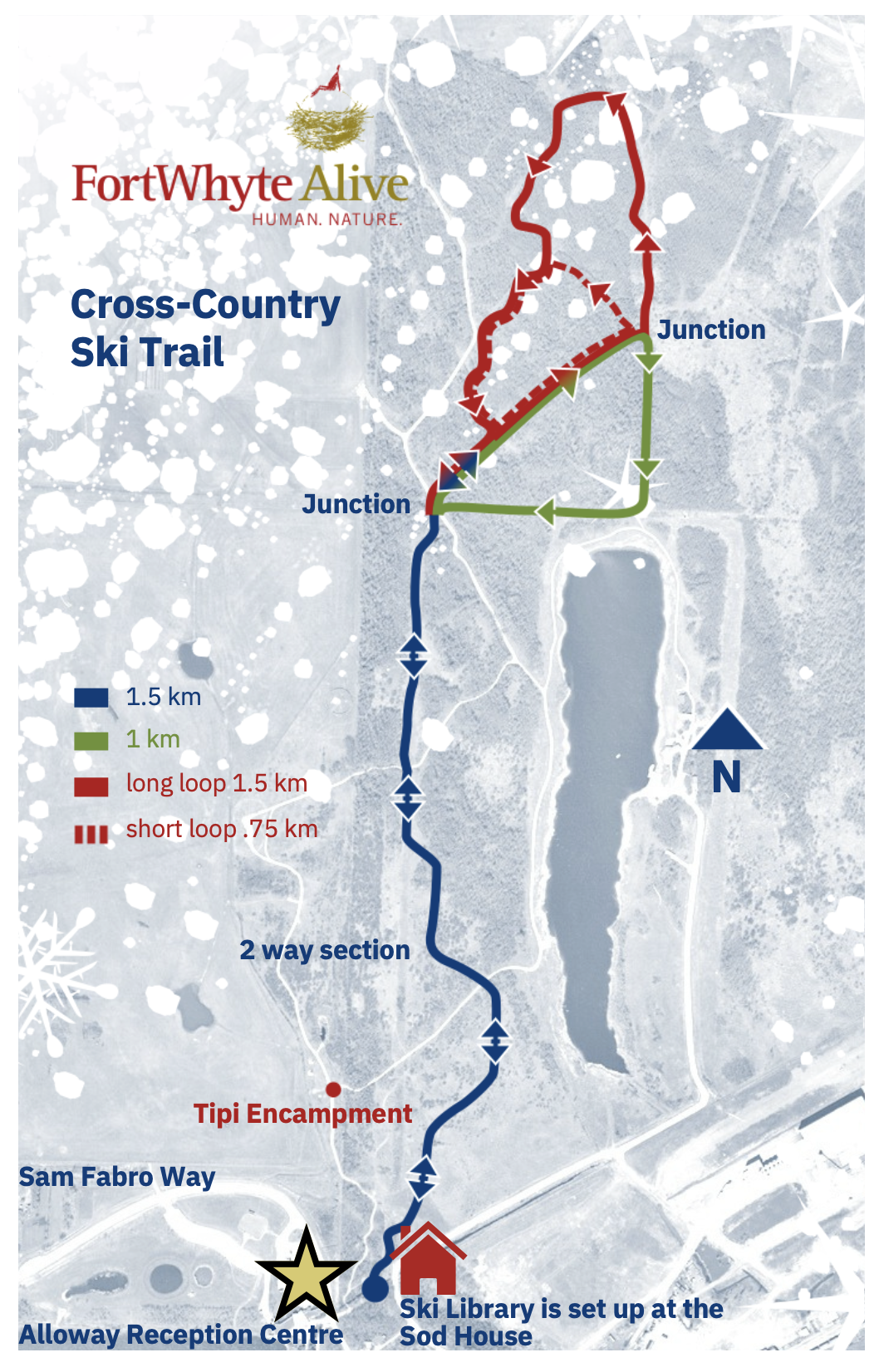 map of ski trails at Fort Whyte showing the starting point of the event which is the sod house. 