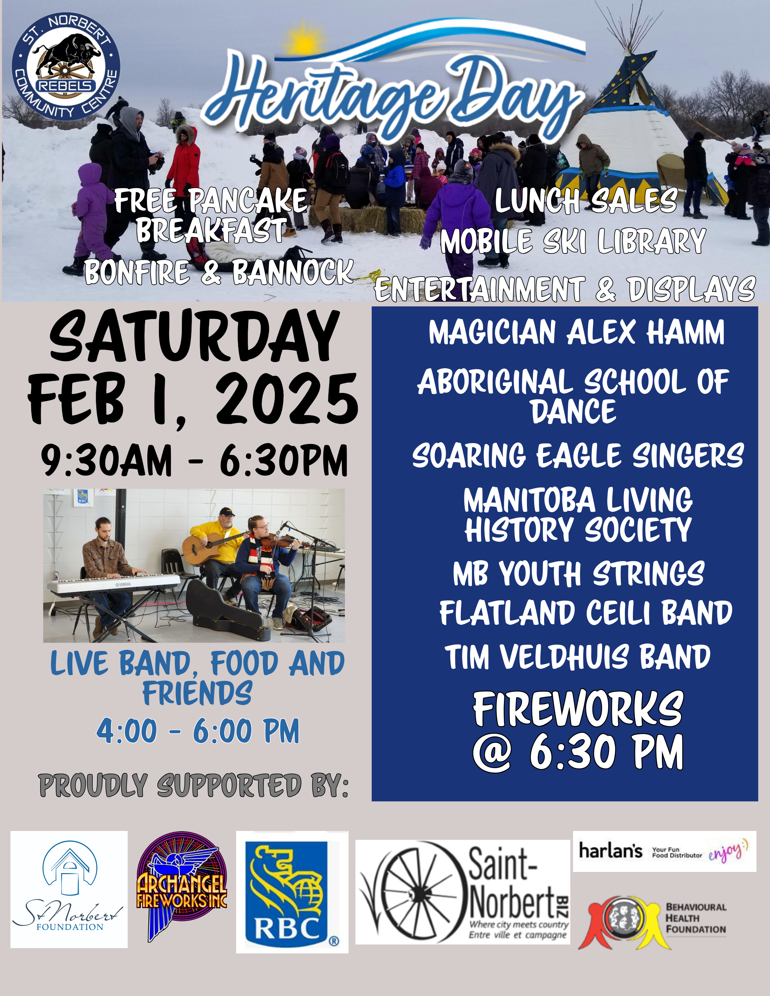 poster of st nortbert heritage day even showing people hhaving fun outdoors. additional detals include pancake breakfast. indigenous singers, band an rray of sponsors