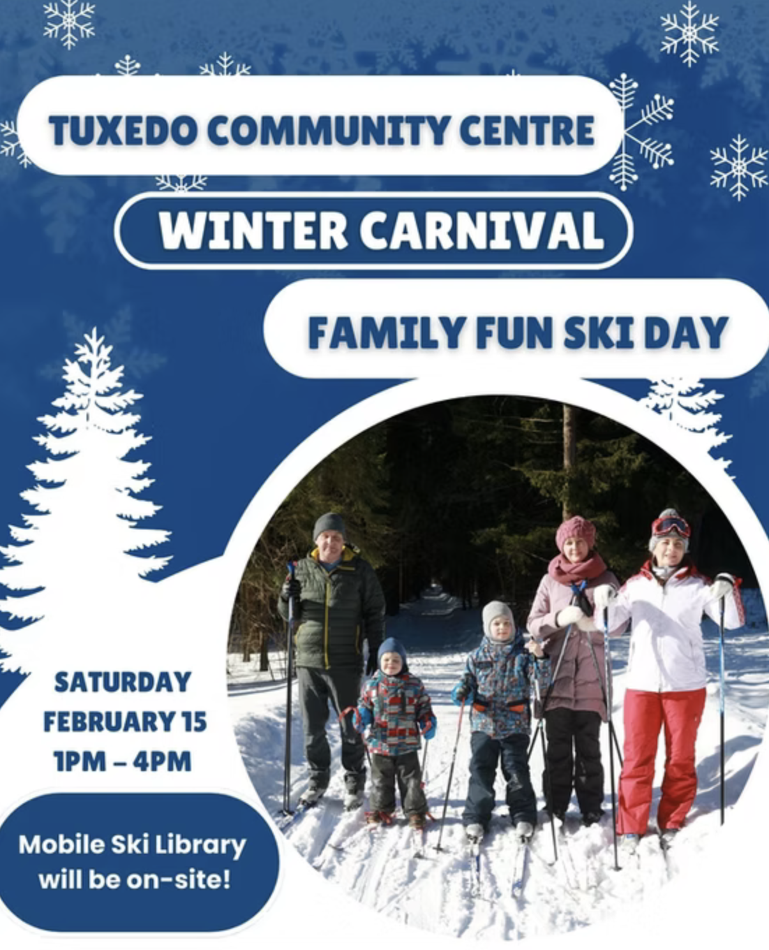 Poster showing people skiing and basic event details as per the page.