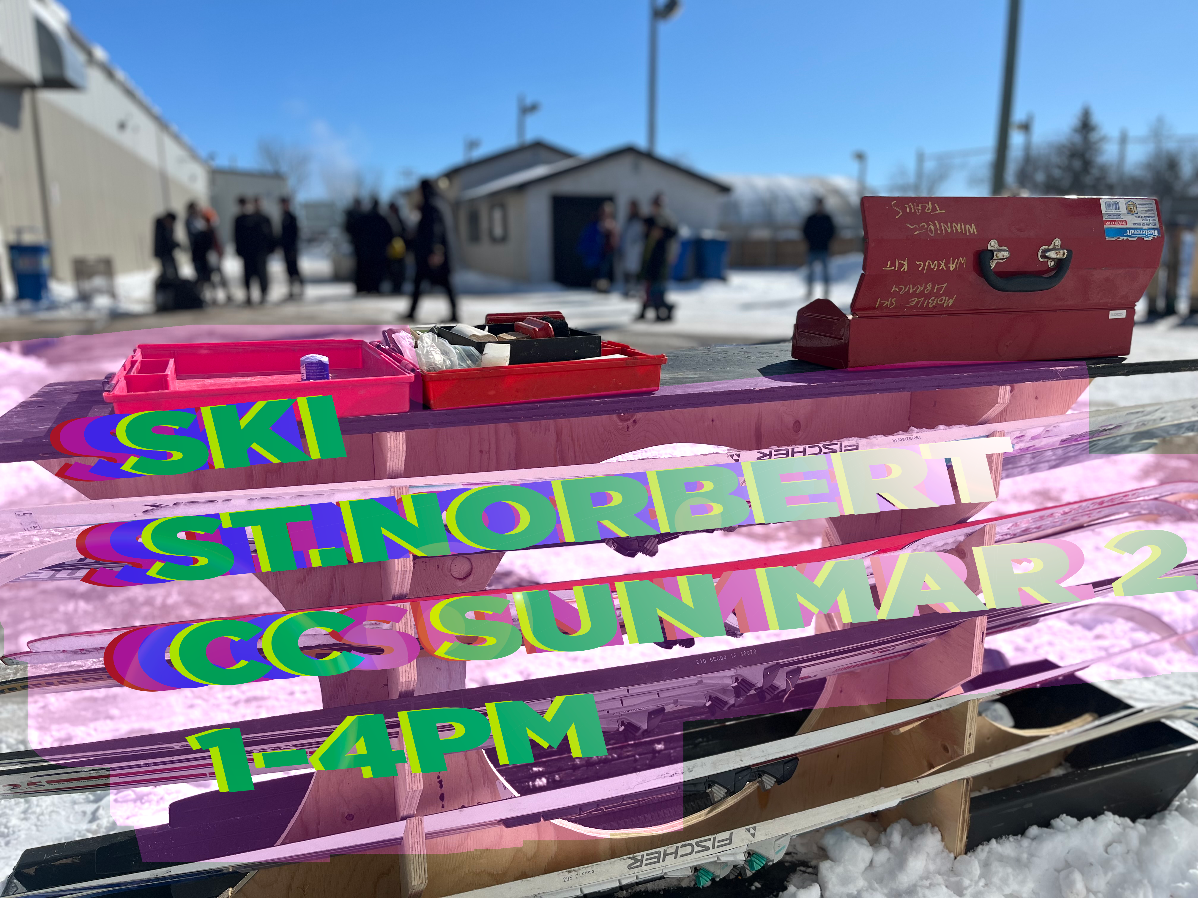 picture of skis stored horitzontal with the words Ski St Norbert Mar 2in an 80s glitchy futurist style