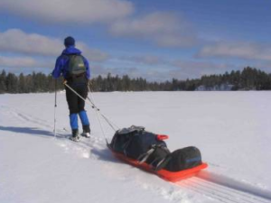 Winter scene with an adult skiing while dragging a specialized red sled called an ahkio 