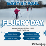 Poster showing East St Paul and Flurry Day with person in pink jacket and family skiing.