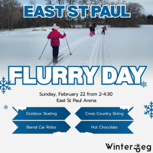 Poster showing East St Paul and Flurry Day with person in pink jacket and family skiing.