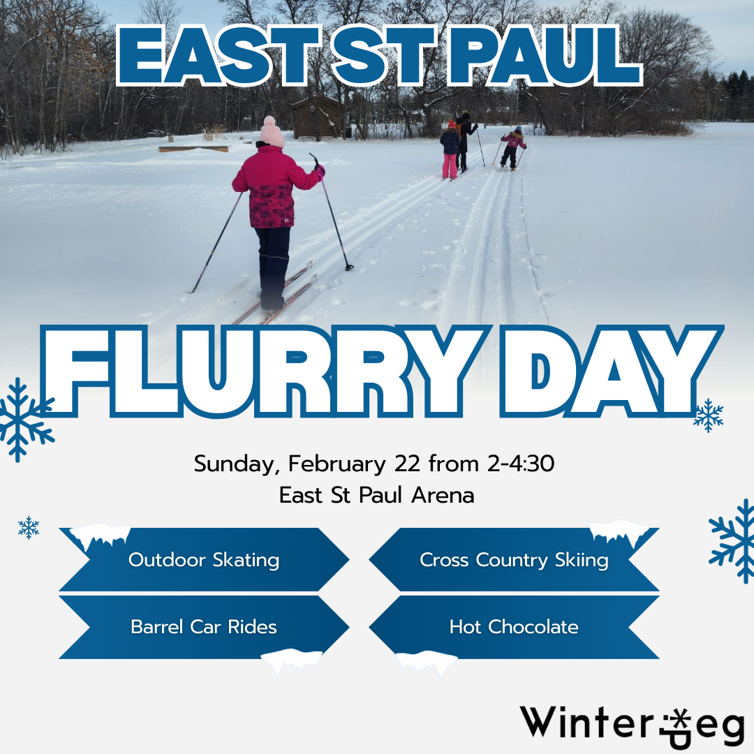Poster showing East St Paul and Flurry Day with person in pink jacket and family skiing.