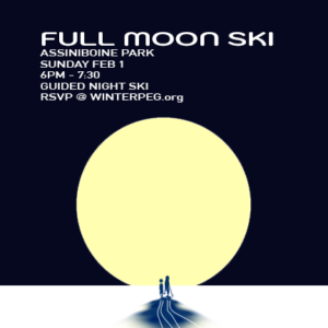 A graphic showing a large moon and two people skiing