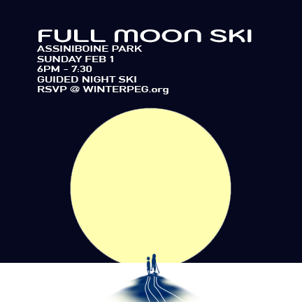 A graphic showing a large moon and two people skiing