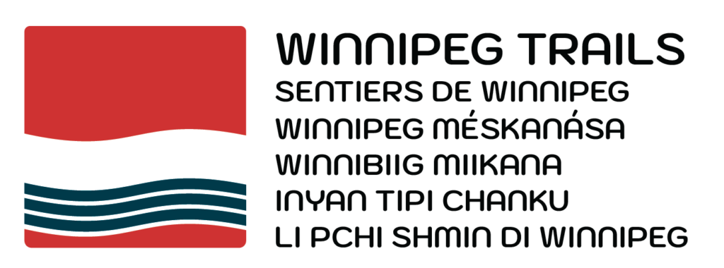 Winnipeg Trails red and black dtripe logo with name in 6 languages: sentiers de winnipeg, winnipeg meskanaw, winnipeeg miikana, inyan tipi chanku and li pchi schmin di winnipeg