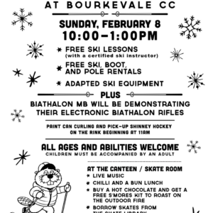 A black and white poster with snowflakes and a beaver on skis with information related to a skiing event in Winnipeg on Sunday February 8