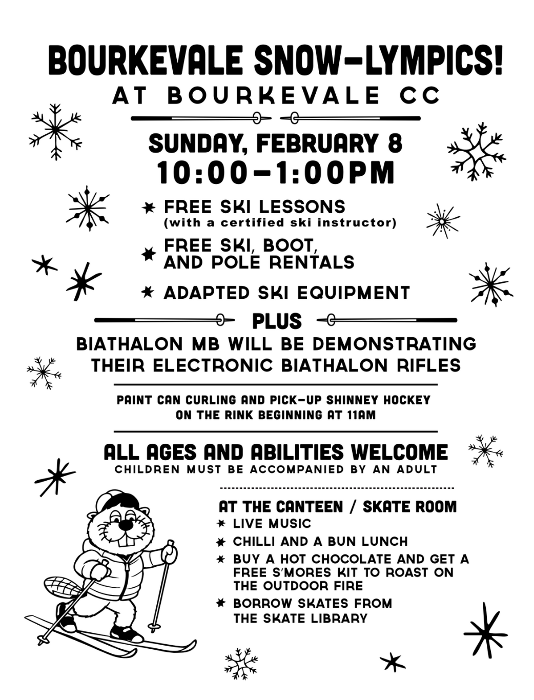 A black and white poster with snowflakes and a beaver on skis with information related to a skiing event in Winnipeg on Sunday February 8