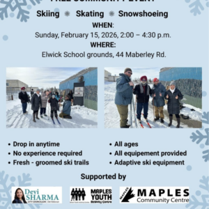 A poster with two photos showing groups of people skiing.