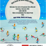 A poster with a painting as the backgroud that shows lots of people skiing in front of a full moon.