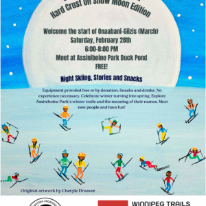 A poster with a painting as the backgroud that shows lots of people skiing in front of a full moon.