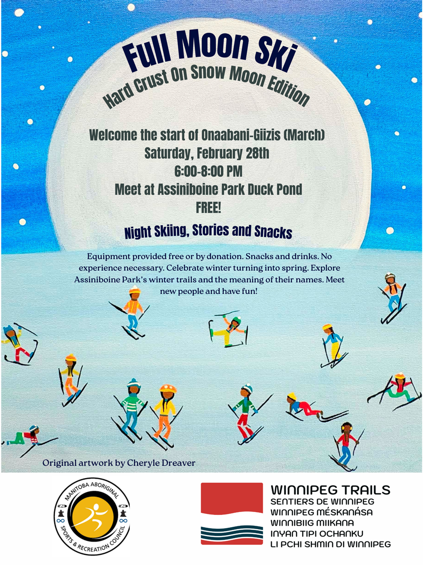 A poster with a painting as the backgroud that shows lots of people skiing in front of a full moon.