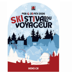 A graphic image showing the words Sistival du Voyageur and houses, trees, fun winter activities, and skiing