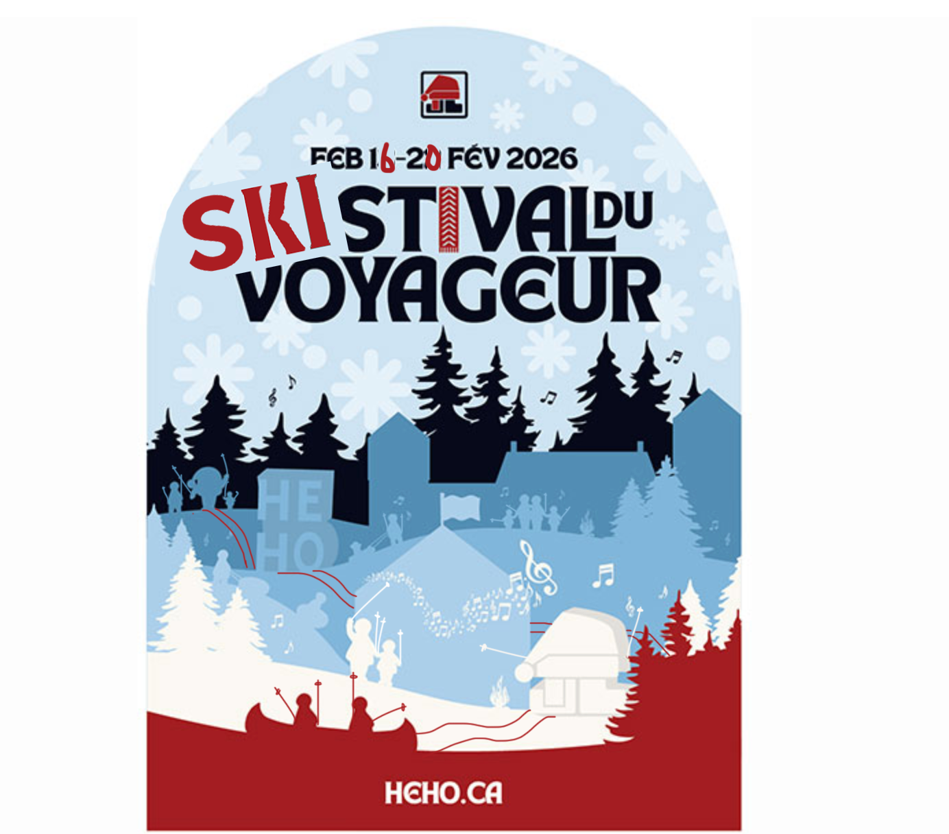 A graphic image showing the words Sistival du Voyageur and houses, trees, fun winter activities, and skiing