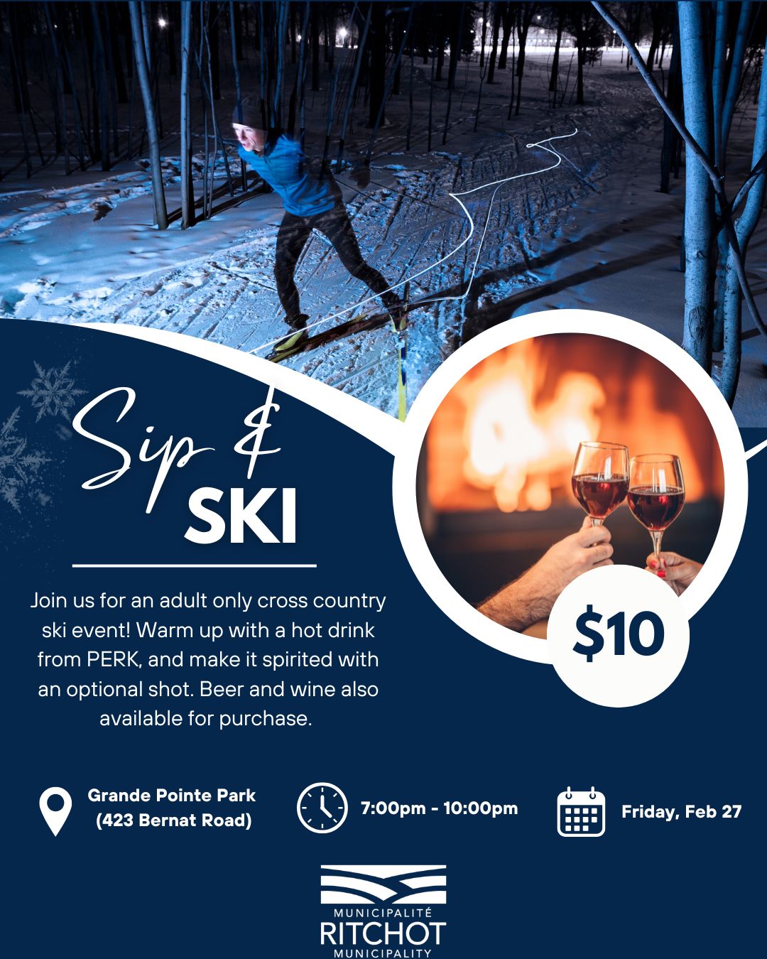 A poster showing a skier and people cheersing a glass of wine